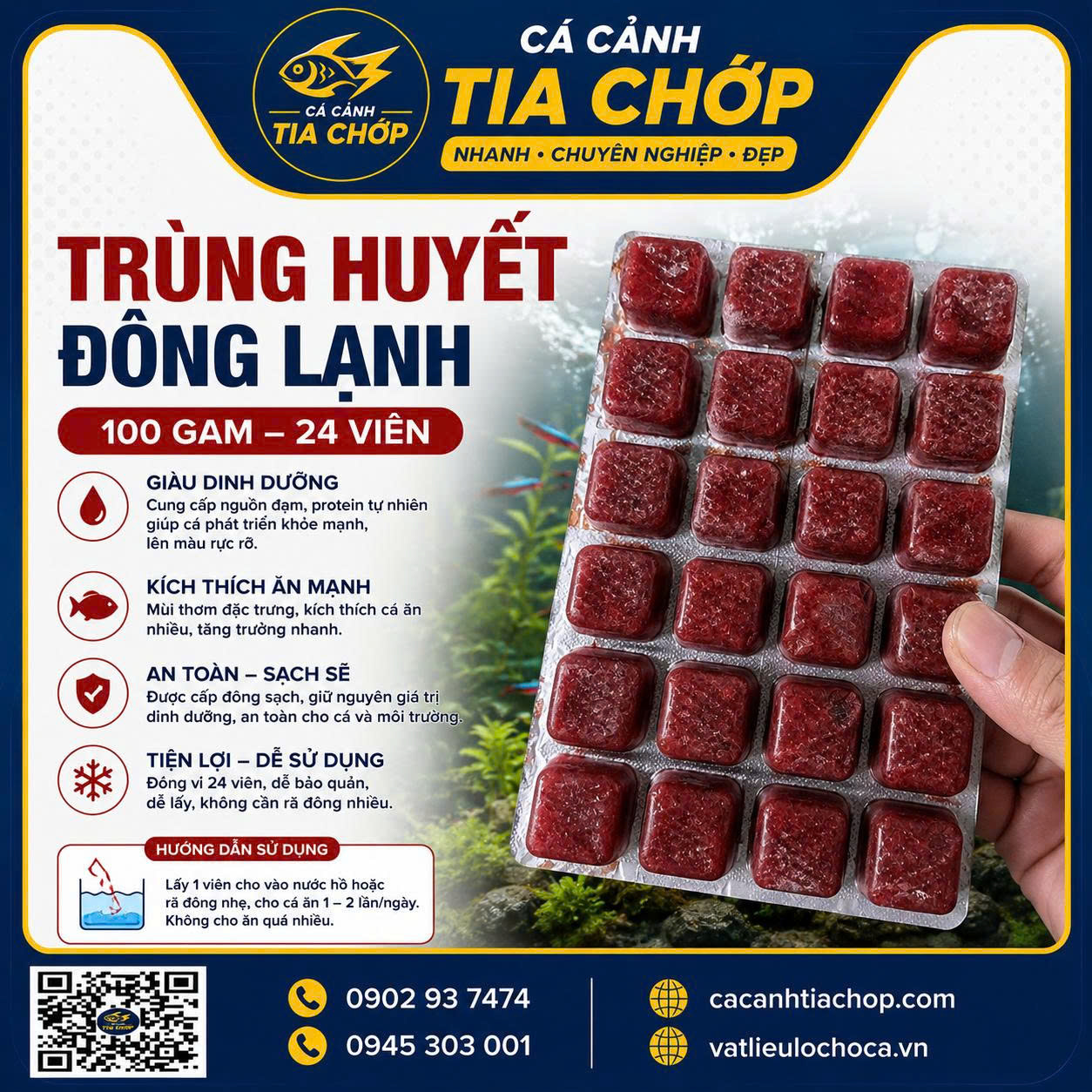 Trùng chỉ đông lạnh" là trùng chỉ (tubifex worms) hay trùng huyết đông lạnh ,vỹ 100gam 24 viên