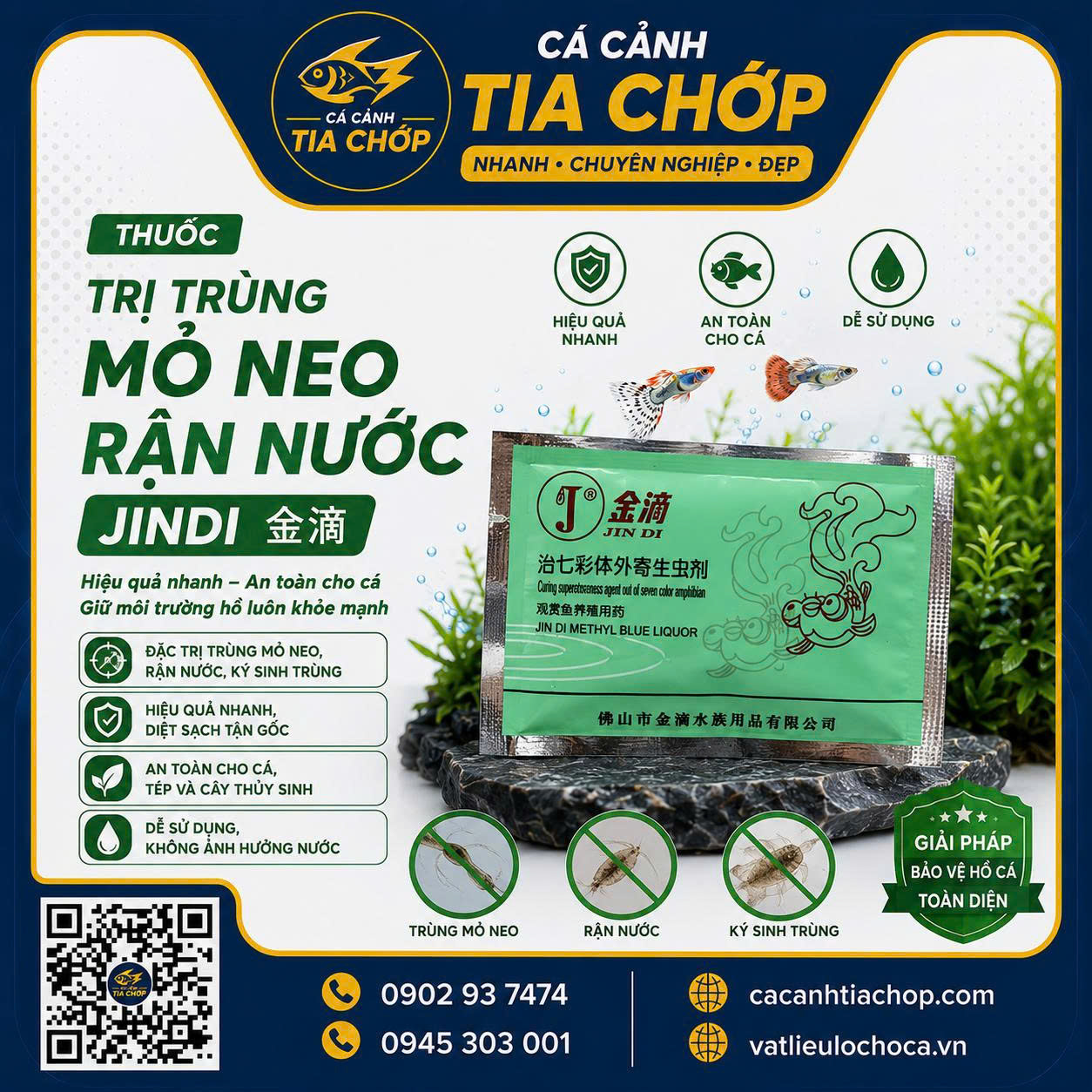 Thuốc JINDI Gói Xanh Đặc Trị Rận Cá, Trùng Mỏ Neo Cho Cá Cảnh