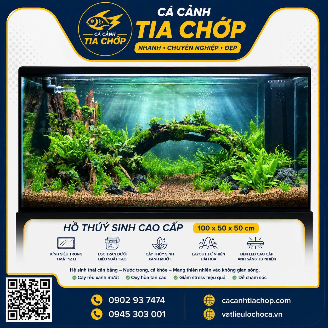 HỒ THỦY SINH 100 × 50 × 50CM – LỌC TRÀN DƯỚI- HTS 1005050-2