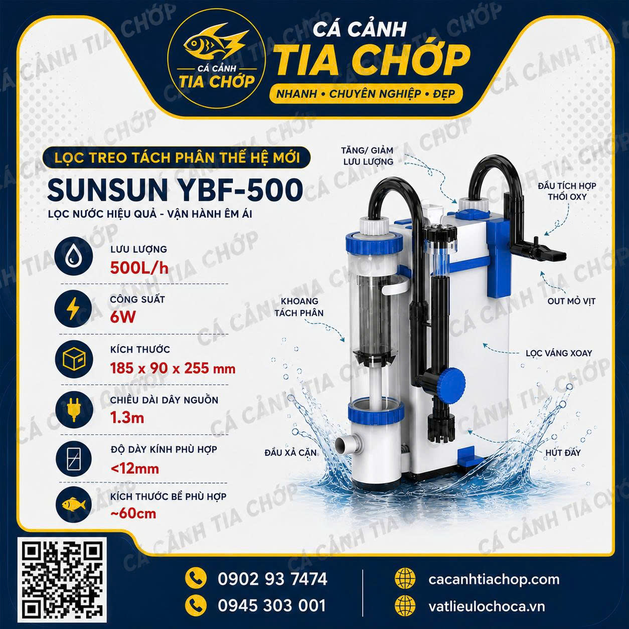 LỌC TÁCH PHÂN YBF-500 – LỌC TREO SUNSUN NHỎ GỌN, TÁCH CẶN HIỆU QUẢ CHO HỒ CÁ