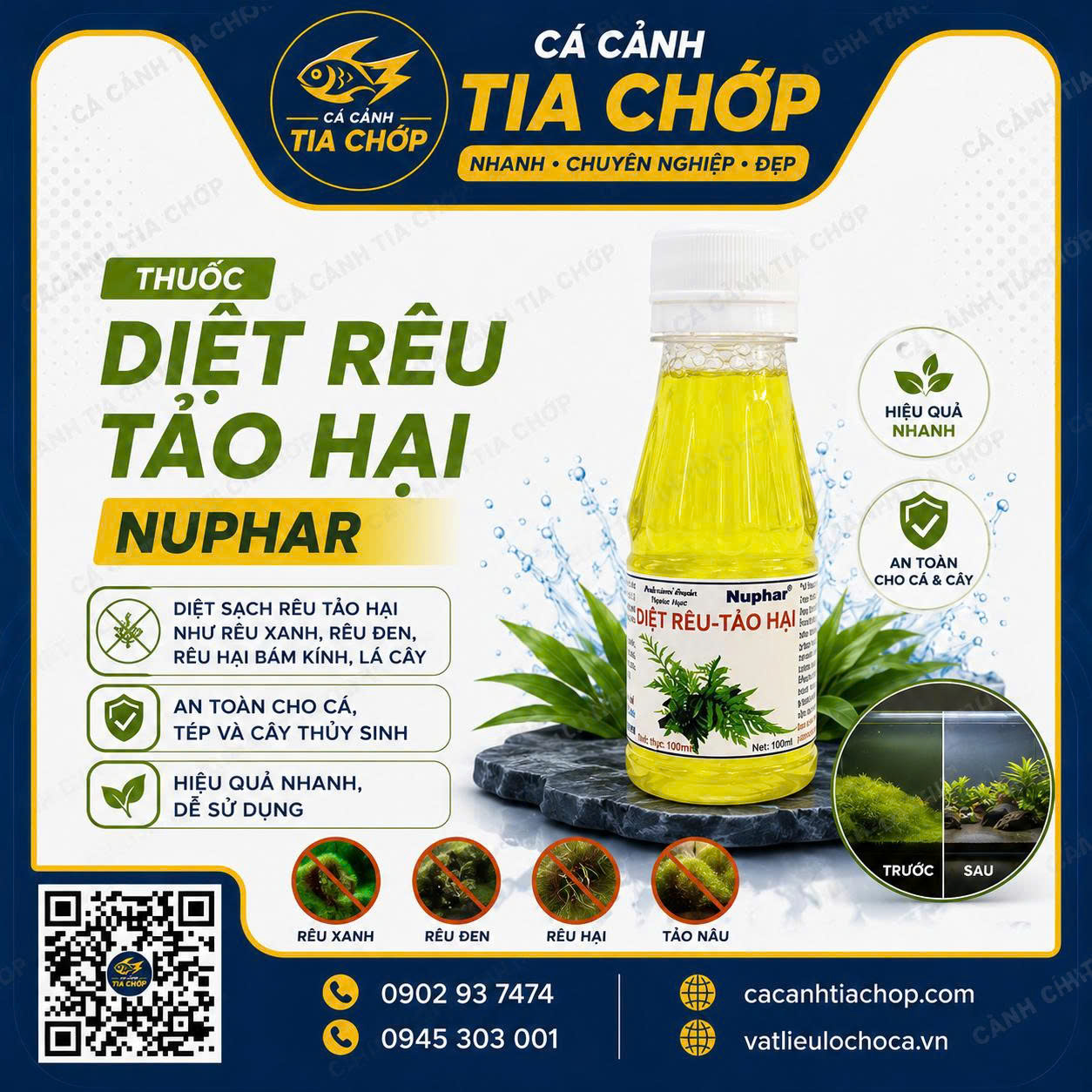 NUPHAR DIỆT RÊU TẢO HẠI – CHAI VÀNG Đánh bay rêu tảo cứng đầu – Trả lại vẻ đẹp tự nhiên cho hồ thủy sinh