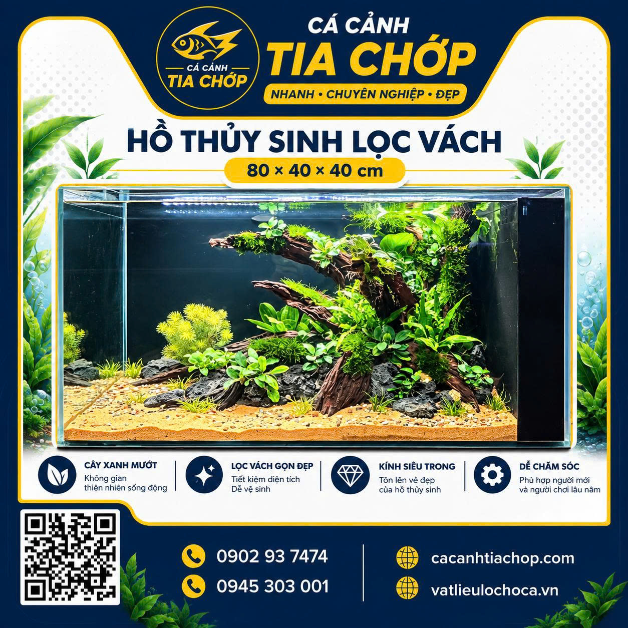 🌿 HỒ THỦY SINH 80×40×40CM – MANG CẢ MỘT GÓC THIÊN NHIÊN VÀO NHÀ 🌿